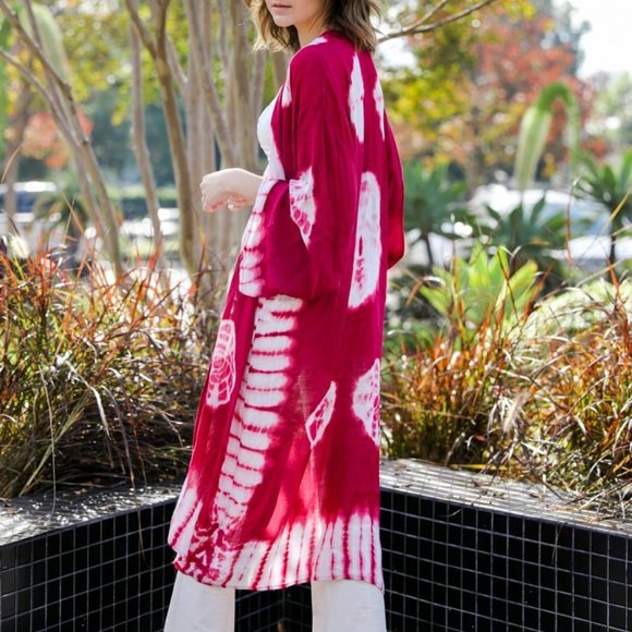 🚨 1 LEFT! JANIS Tie-Dye Longline Kimono w/Full Sleeves Berry - Picture 3 of 9